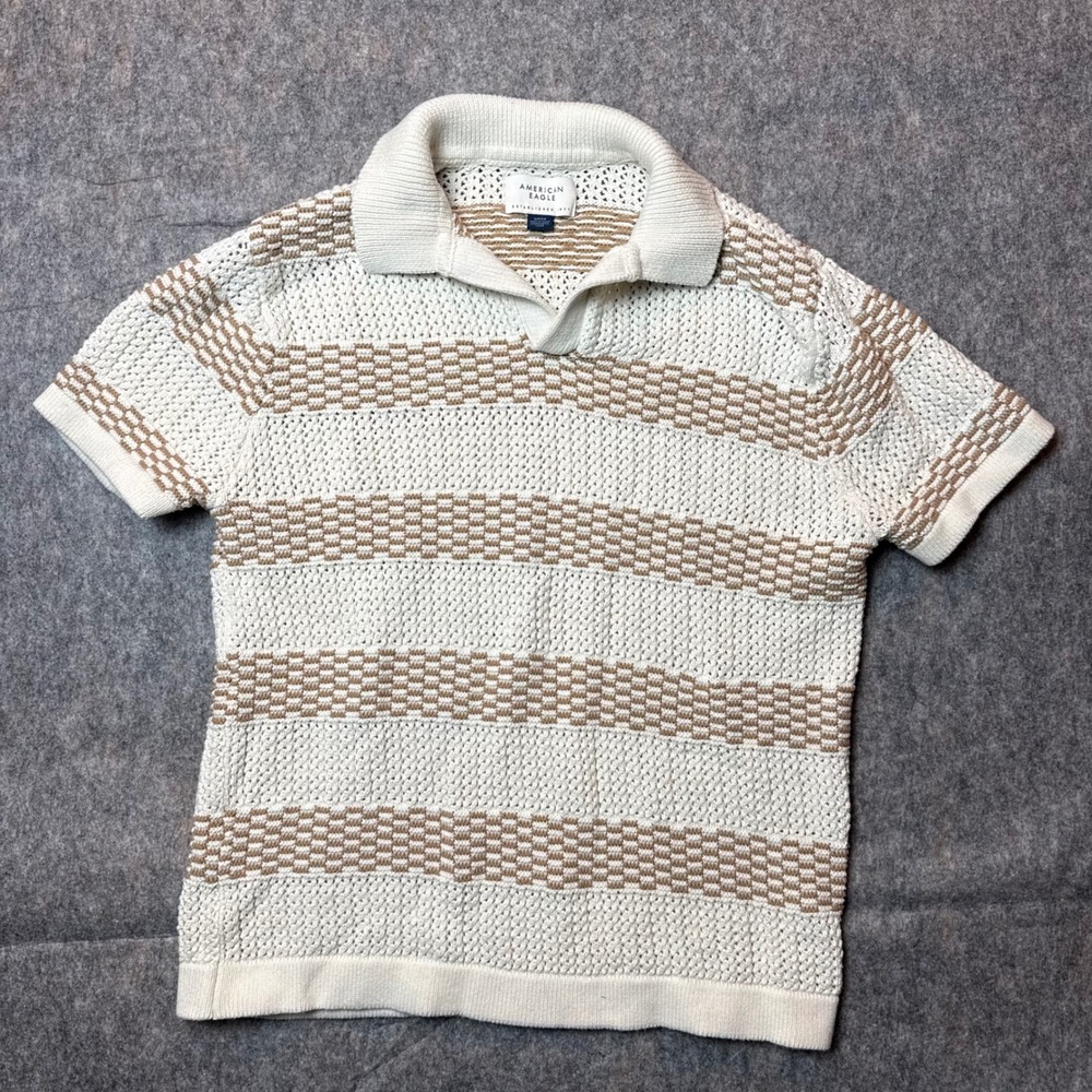 American Eagle Crochet Knit Polo Mens Small White Tan Striped Short Sleeve Shirt
